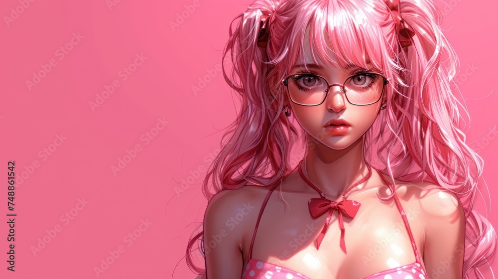 Pink-Haired Anime Girl with Glasses, Cute Cartoon Character in Pink Swimsuit, Anime Artwork of a Female with Pink Hair and Glasses, Colorful Illustration of a Young Woman with Pink Hair and Eyewear.