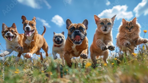 Joyful Dogs Running Together in a Field. A pack of diverse joyful dogs runs energetically through a grassy field, with a clear blue sky above.