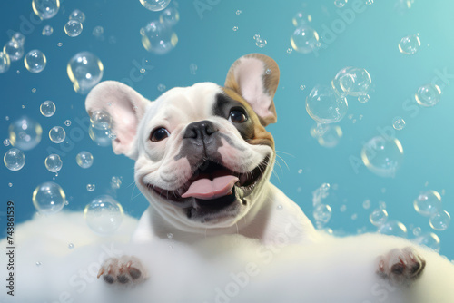 Cute Bulldog Puppy Sitting in a Green Grass Garden  Chewing on Soap Bubbles