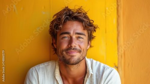 Smiling Man with Curly Hair, A Young Man Posing for a Picture, The Face of a Happy Guy, Man Leaning on Yellow Wall. photo