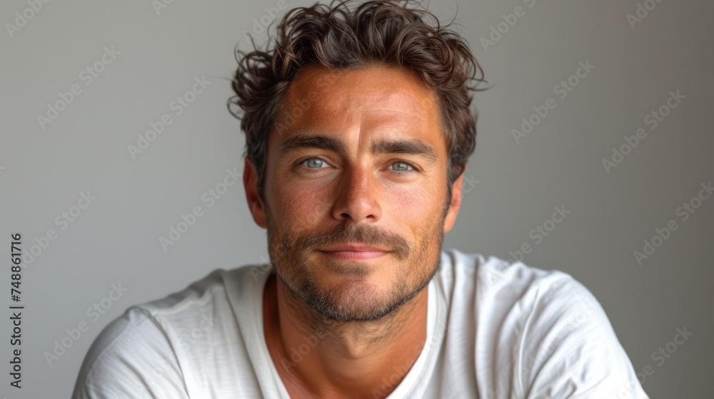 A Man with a Stubble Beard and Sun-Kissed Skin., The Face of a Young Man with a Smile., A Close-Up of a Man's Facial Features., A Portrait of a Man with a White T-Shirt.. A Man with a Stubble Beard and Sun-Kissed Skin., The Face of a Young Man with a Smile., A Close-Up of a Man's Facial Features., A Portrait of a Man with a White T-Shirt..