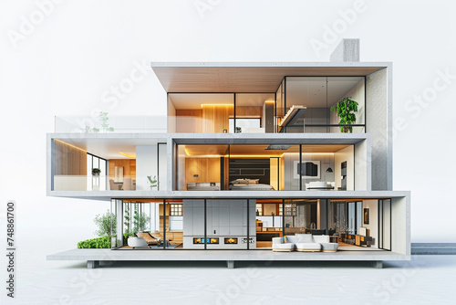 3D rendering Cross-section of a future modern house 