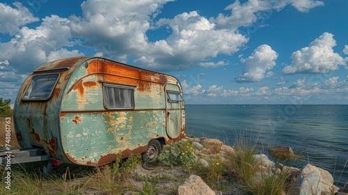 Old caravan trailor at the Baltic Sea, Schleswig-Holstein photo