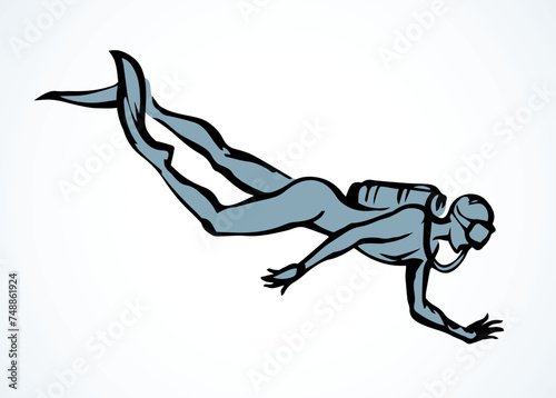 Scuba diver underwater. Vector drawing