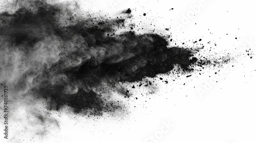 Black particles explosion isolated on white background. Abstract dust overlay texture.