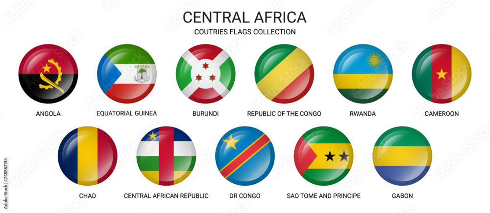 Flags of Central Africa countries. Round button badge. Vector and PNG on transparent background. Flags of Central Africa countries. Round button badge. Vector and PNG on transparent background.