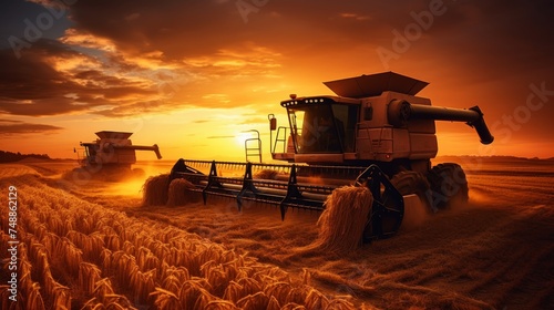 Combine harvesters threshing wheat in the rural farm fields during harvest season photo