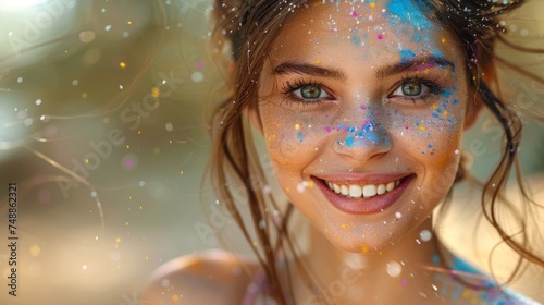 A happy young girl on Holi color festival.
