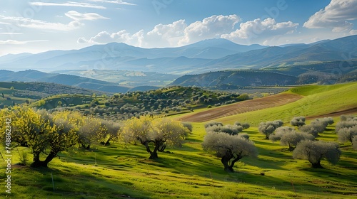 Serene landscape: lush green fields, olive trees, rolling hills under a clear sky. nature's beauty captured in a photograph. perfect for wall art or digital use. AI
