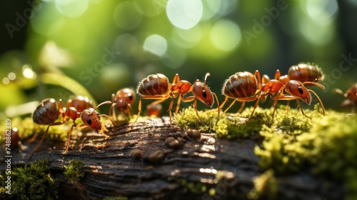 Group of red ant on the tree in the forest  teamwork concept