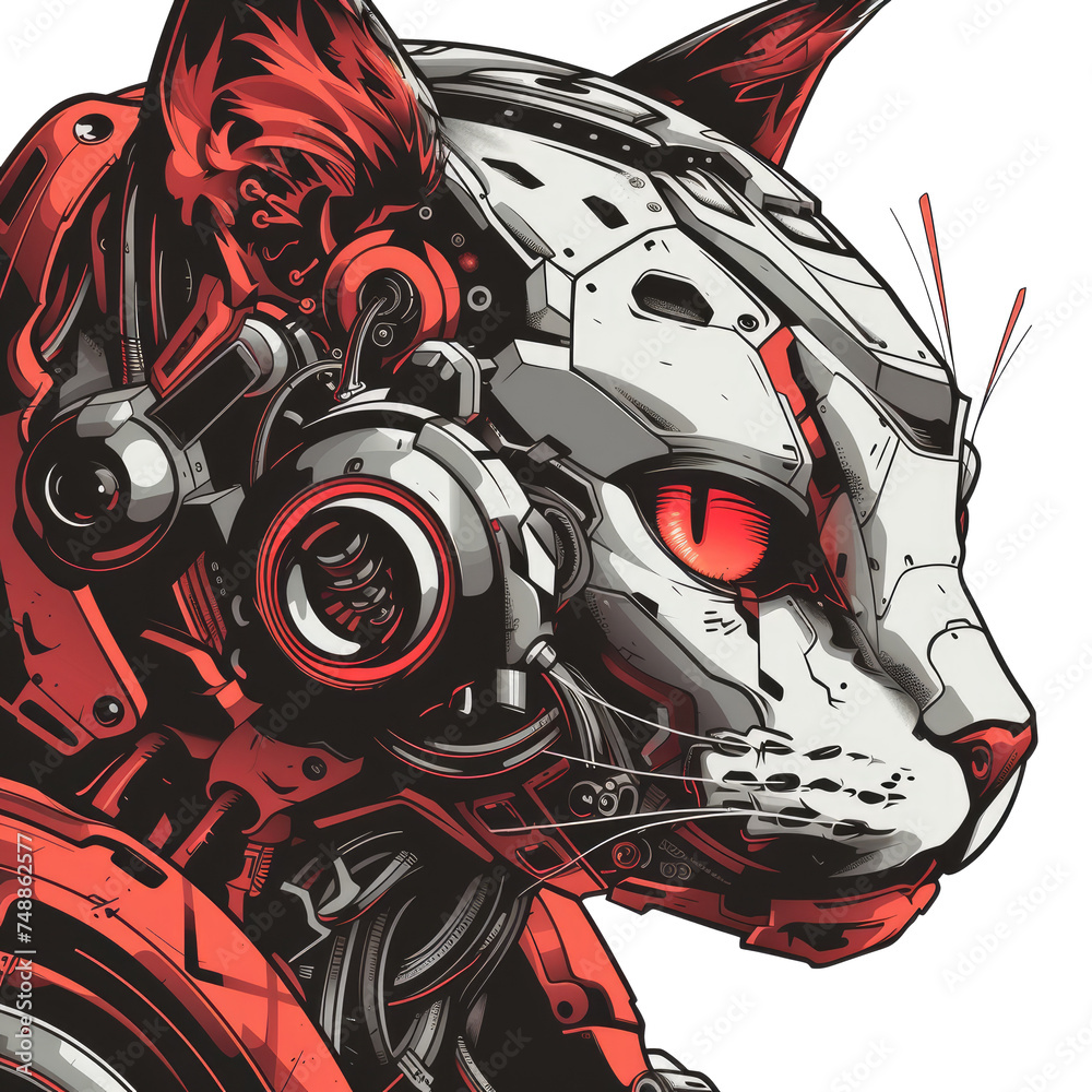 Fototapeta premium Red Egypt Cat Head with Sacred Symbols Illustration. Wall Poster