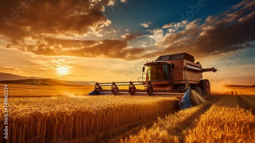Harvesting wheat. modern combine harvesters efficiently threshing in the expansive golden field.