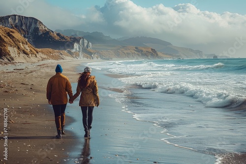 A romantic couple walks hand-in-hand along a windswept beach with dramatic cliffs and waves
