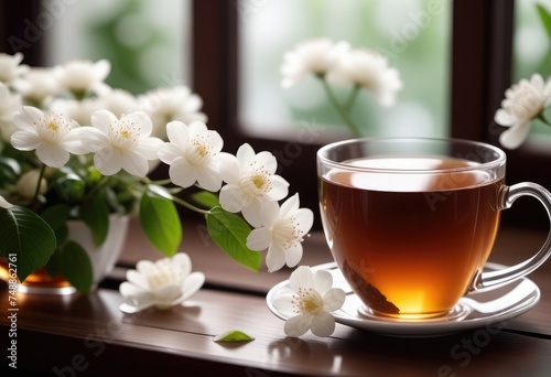 A cup of tea and whiite flowers on a windowsill in front of the window