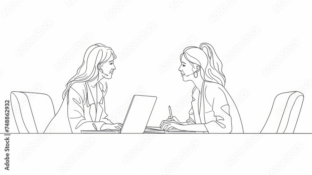 continuous line drawing of two women coworker talking something on laptop and document paper. vector illustration 