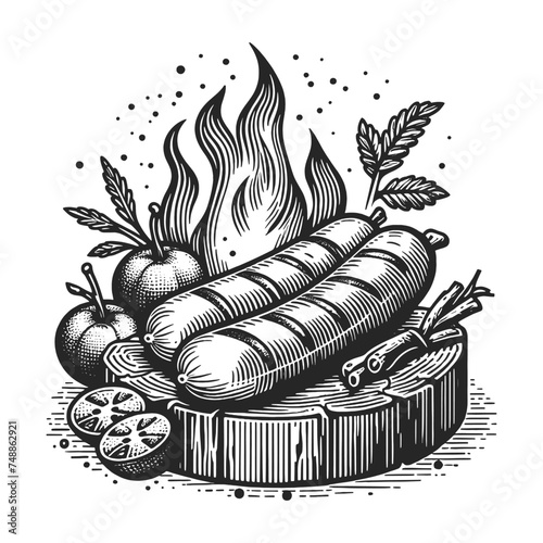Grilled sausages sketch engraving generative ai vector illustration. Scratch board imitation. Black and white image.
