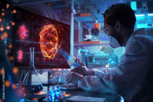 illustration of a scientist doing research on nuclear in hologram form, dark background, computer monitor, physics experiment glass, 3D rendering