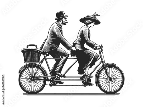 vintage couple in classic attire riding tandem bicycle with wicker basket sketch engraving generative ai fictional character vector illustration. Scratch board imitation. Black and white image.