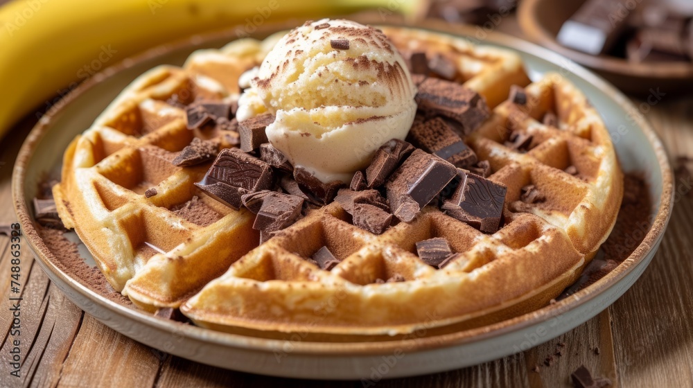 Belgian waffles with ice cream and chocolates on a white plate and on a wooden table Belgian waffles with ice cream and chocolates on a white plate and on a wooden table