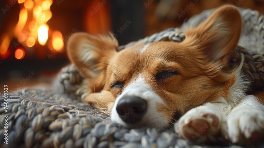 a pembroke welsh ccorgi sleeping on a rug, beside an unlit fireplace, 