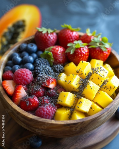 Healthy bowl of fruit adorned with slices of banana  mango  and strawberries