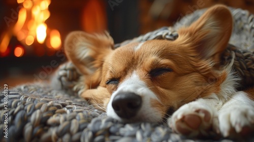 a pembroke welsh ccorgi sleeping on a rug  beside an unlit fireplace  