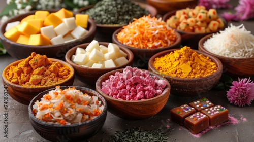 An Indian-style greeting card showing sweet and salty food, flowers and powder colors arranged on white clay or background.