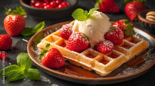 Belgian waffles with ice cream and strawberries on a white plate and on a wooden table