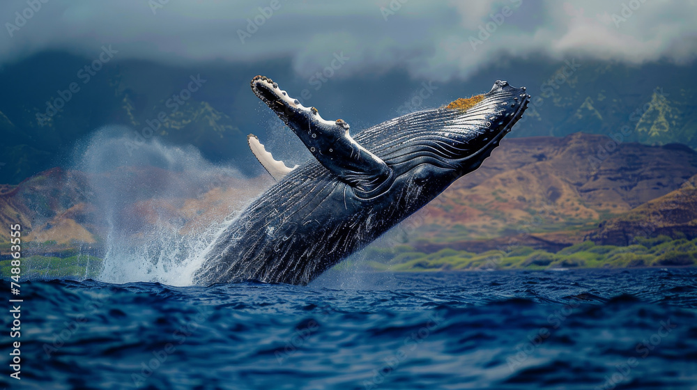 A majestic humpback whale breaches powerfully over the ocean, with mountainous backdrop - obrazy, fototapety, plakaty 