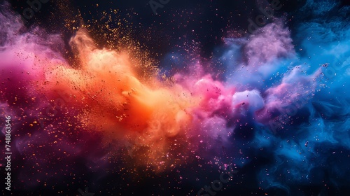 Multicolor powder explosion on a black background. Colorful clouds. Colorful dust explodes. Paint Holi.