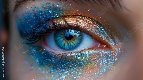 Detailed macro shot of a woman's eye with bright, multicolored fashion makeup. Holi indian color festival inspired.