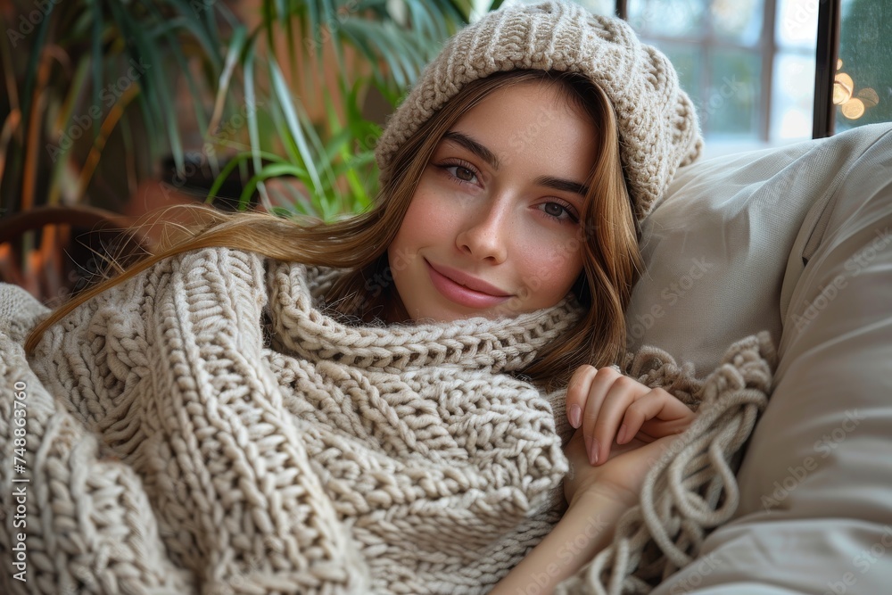 A young woman wrapped in a warm knitted scarf and hat, exuding coziness and comfort A young woman wrapped in a warm knitted scarf and hat, exuding coziness and comfort