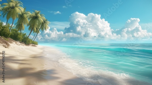 Beautiful beach and tropical sea. Seascape.Beautiful sandy beach with clear turquoise ocean and palm trees. .Photorealistic illustrartion © nataliia_ptashka