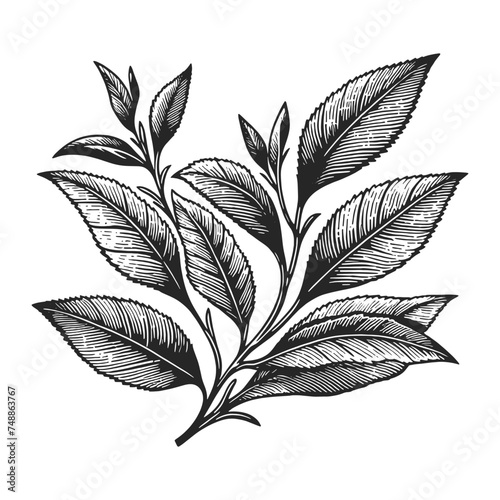 tea branch leaf sketch line art engraving generative ai vector illustration. Scratch board imitation. Black and white image. © Oleksandr Pokusai