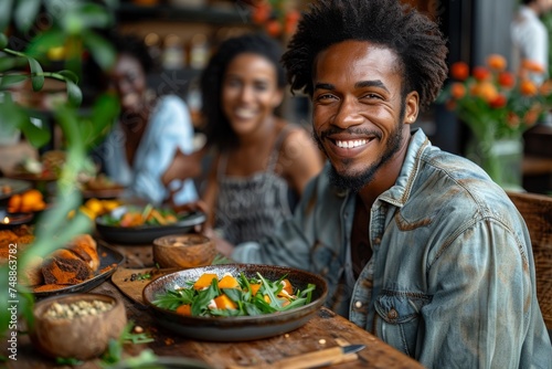 A vibrant and inviting image of a man with afro hair smiling at a meal in a busy, plant-filled restaurant setting