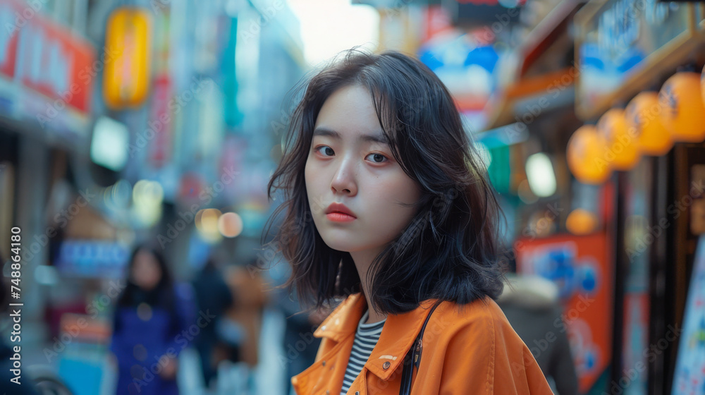 A young woman with a melancholic expression stands in a colorful city scene, creating a contrast of emotion and setting
