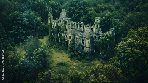 Majestic ruins of an ancient castle, enshrouded by forest, ideal for historical and fantasy tales, mysterious atmosphere. AI
