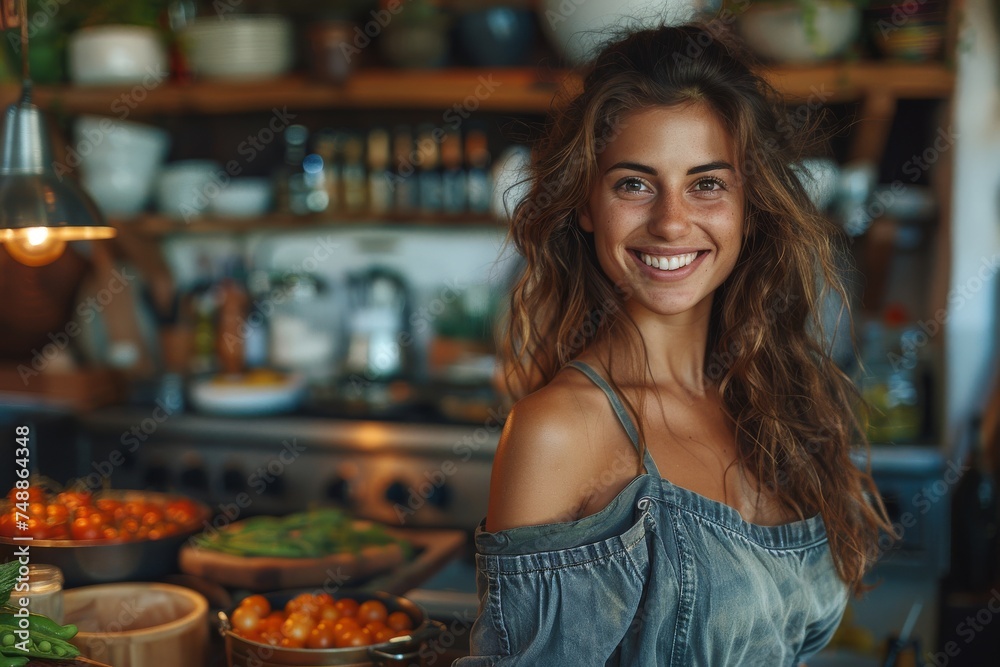 A joyful young woman smiles brightly in a homely kitchen surrounded by fresh produce