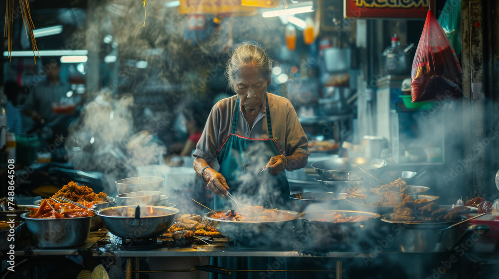 A lively street food scene with a vendor cooking amidst smoke and market chaos, capturing local culture A lively street food scene with a vendor cooking amidst smoke and market chaos, capturing local culture