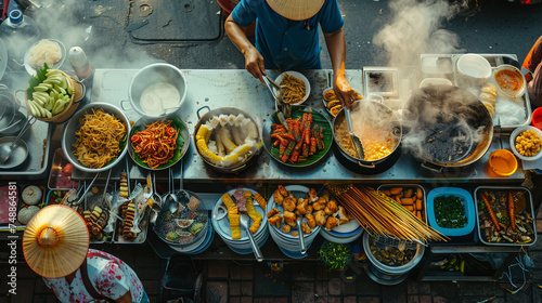 A colorful and vivid top-down shot of a vibrant street food market with an array of dishes and ingredients on offer