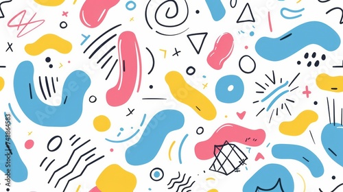Fun colorful line doodle seamless pattern. Creative minimalist style art background for children or trendy design with basic shapes. Simple childish scribble backdrop 