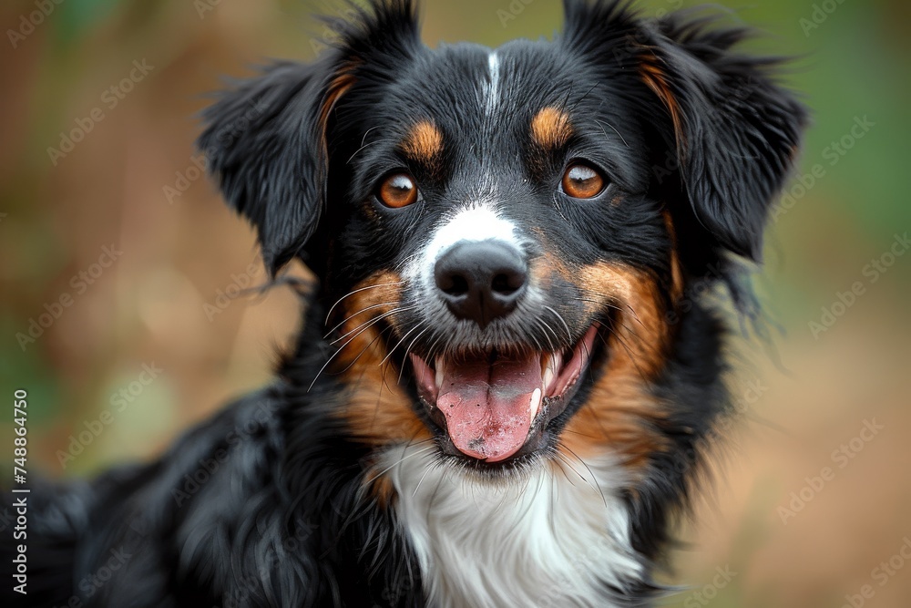 A close-up portrait of a happy Bernese Mountain Dog with a playful and friendly expression