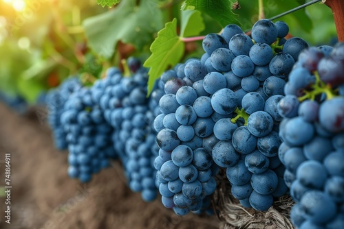 A vibrant and detailed shot capturing the rich blue tones of ripe grape clusters ready for harvest in a vineyard