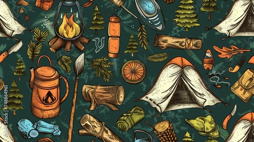 Hand drawn camping seamless pattern. Vector background.  photo