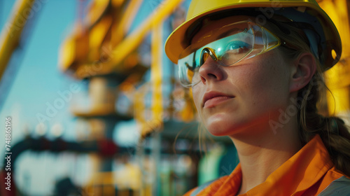 Female Industrial Worker Contemplating on Oil Rig Platform