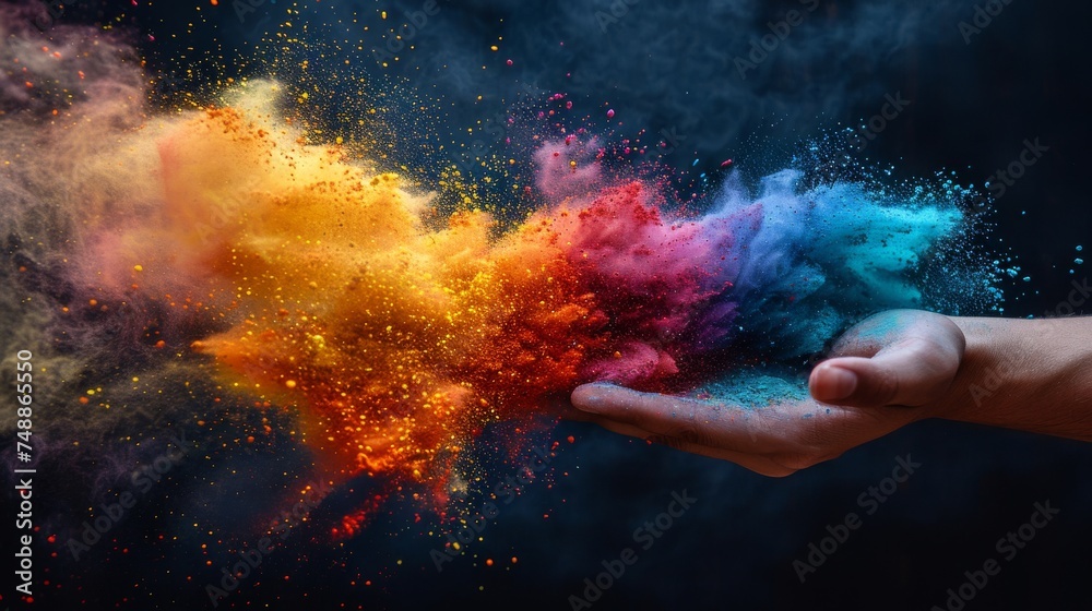 Creating a vibrant cloud of dust with rainbow colors on a black background is a concept for the Holi festival. - obrazy, fototapety, plakaty 