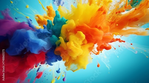 Colorful paint splashes isolated on blue background. Abstract background.