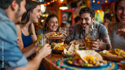A lively scene of friends sharing laughs and food around a table in a vibrant restaurant  embodying the joy of friendship and social gatherings