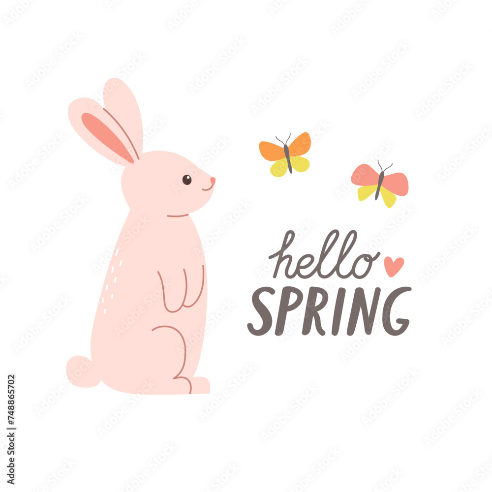 Hello spring design with cute pink rabbit and butterflies. Design element for cards, posters, postcards and stickers. Isolated vector illustration
