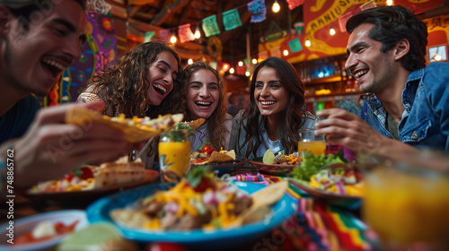 Group of young adults sharing a lively moment over Mexican food at a brightly decorated cafe